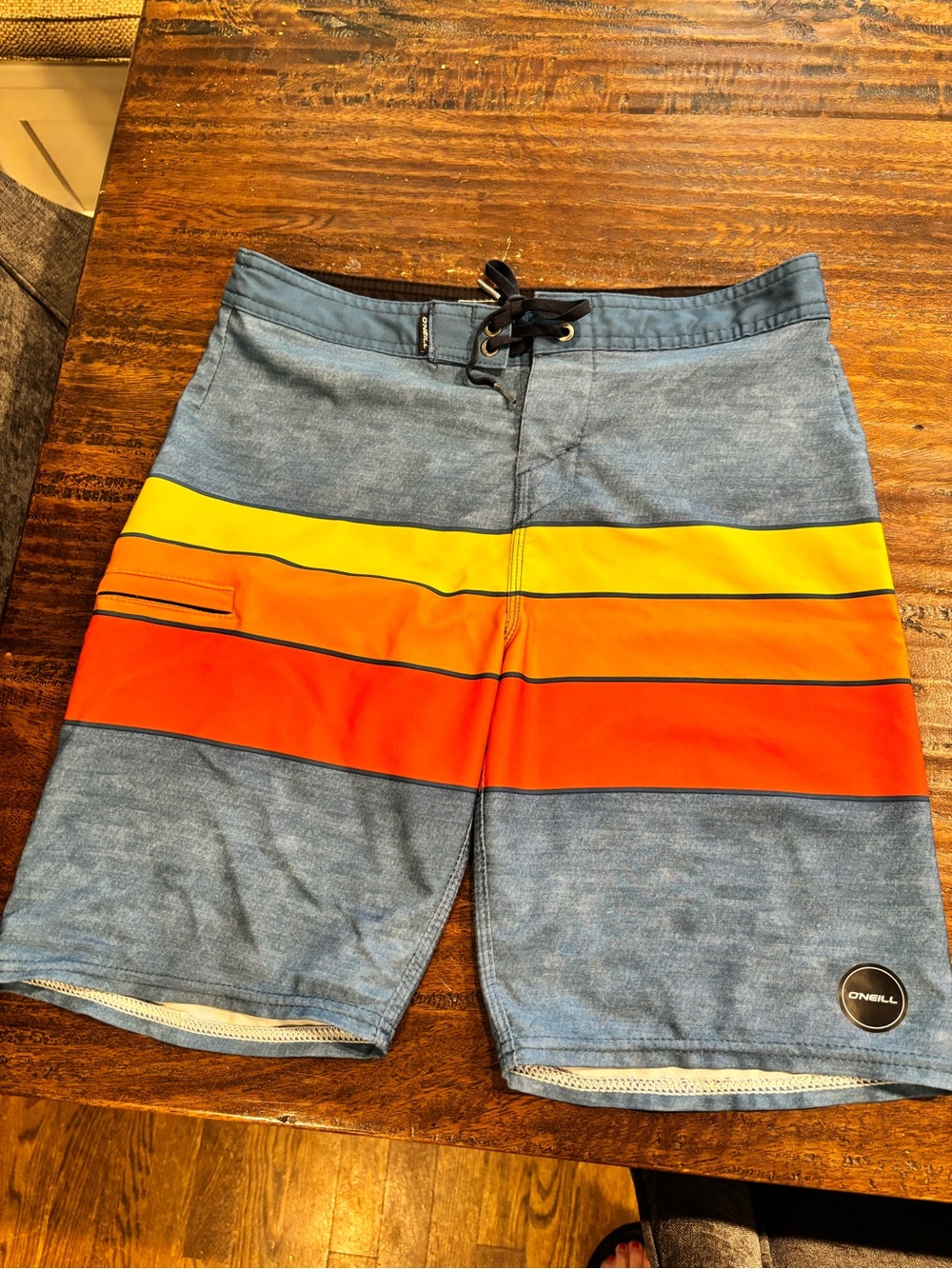 O'Neill Men’s Blue Boardshorts with Yellow & Orange Stripe Bands